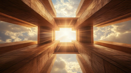 Looking up at the symmetrical framework of an electricity pylon, rising into a sky filled with scattered clouds and sunlight, symbolizing power and energy.の素材
