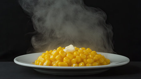 Steaming sweet boiled corn on a white plate, the vibrant yellow kernels glistening with moisture and butter melting on top, ready for a feast.の素材