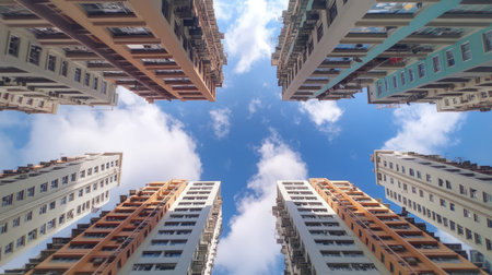 Looking directly up at tall buildings with the sky above, the architecture stretching vertically and merging into the cloud-filled blue sky.の素材