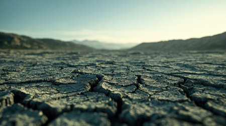 Wide shot of cracked, barren earth, the deep crevices in the soil stretching across the horizon under the hot, cloudless sky.の素材