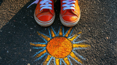 A close-up of a child's sneakers beside their chalk-drawn sun on the asphalt, vibrant colors blending on the ground.の素材