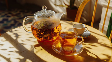 A close-up of a glass tea kettle with herbal tea and a glass cup, both sitting on a bright, sunlit table.の素材