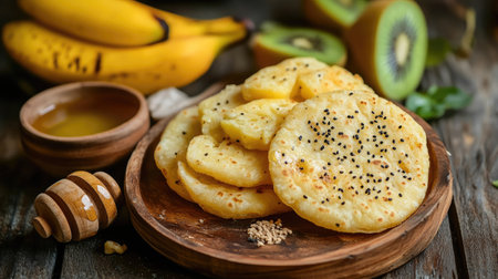 A beautifully plated crispy sweet roti served with a side of fruit and a small bowl of honey, creating a vibrant and tempting dessert scene.の素材