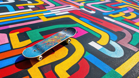 A bright skateboard lying on a colorful painted street, isolated against the vibrant patterns and lines of urban artwork.の素材