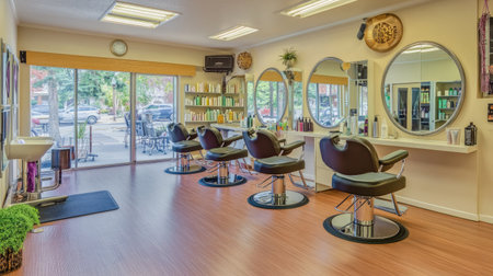 A contemporary salon interior featuring minimalist decor, large mirrors, polished floors, and stylish chairs, giving a clean, elegant look.の素材