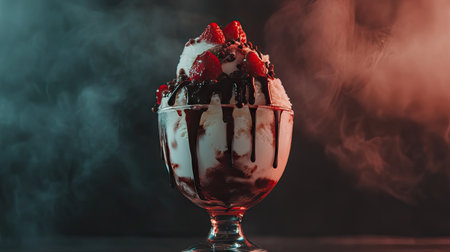 A close-up of an ice cream sundae in a glass cup, layered with sauces and toppings, standing out against a dark, elegant background.の素材