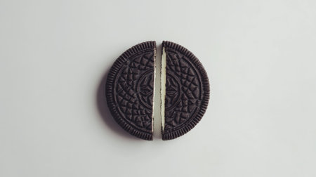 A minimalist shot of an Oreo cookie split in half, isolated on a clean white background, showing the contrast of the dark cookie and white filling.の素材