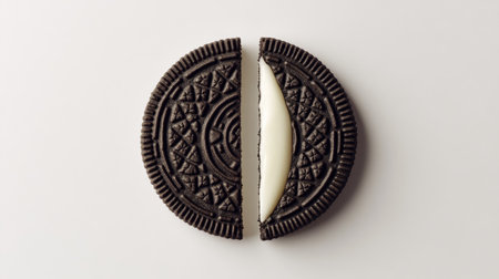 A minimalist shot of an Oreo cookie split in half, isolated on a clean white background, showing the contrast of the dark cookie and white filling.の素材