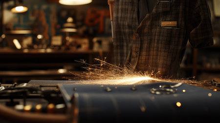 A modern laser cutting machine in a workshop, slicing through a metal sheet with bright, intense sparks flying off the edges.の素材
