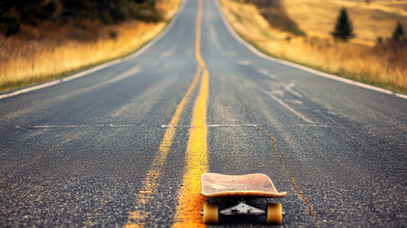 A minimalist shot of a skateboard isolated on a freshly paved road, the smooth surface contrasting with the worn deck.の素材
