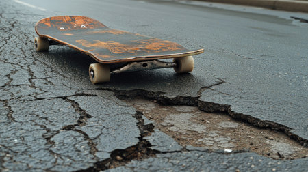 A skateboard resting at the edge of a street curb with cracks in the pavement, symbolizing the everyday obstacles of street skating.の素材
