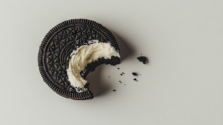 A single Oreo cookie with a bite taken out of it, isolated on a white background, showing the perfect blend of cream and crunch.の素材
