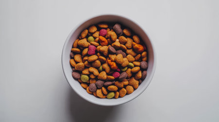 A simple white bowl filled with dry cat food, with a variety of kibble shapes and colors, isolated on a plain white background for a minimalist, clean look.の素材