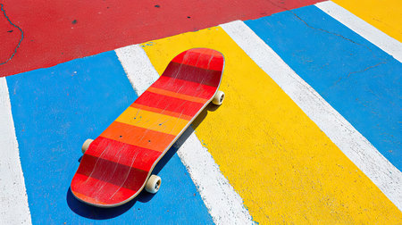 A skateboard isolated on a freshly painted crosswalk, the bright white lines contrasting with the vibrant skateboard deck.の素材