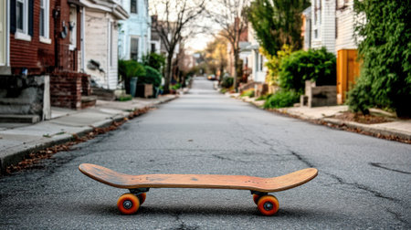 A skateboard positioned at the edge of a street curb in a quiet alley, symbolizing anticipation before a skate session.の素材