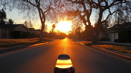 A skateboard resting on a quiet suburban street, casting a long shadow as the sun sets in the background.の素材