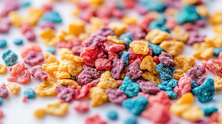 A pile of colorful cat kibble spread across a white background, highlighting different shapes and textures of the food.の素材