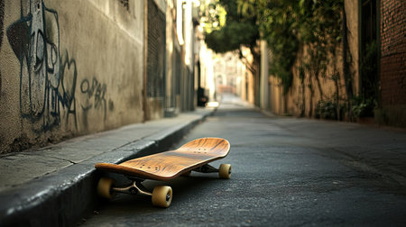 A skateboard positioned at the edge of a street curb in a quiet alley, symbolizing anticipation before a skate session.の素材