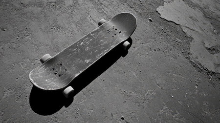 A minimalist shot of a skateboard isolated on a freshly paved road, the smooth surface contrasting with the worn deck.の素材