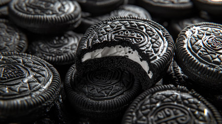 A pile of Oreos with one cookie split open, revealing the creamy filling, symbolizing the perfect blend of crunchy and soft textures.の素材