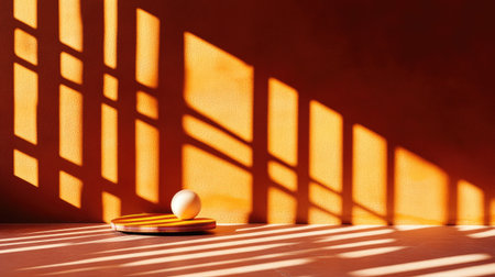 A ping pong paddle and ball positioned on a table with bright, natural lighting, casting shadows that add depth to the otherwise simple scene.の素材