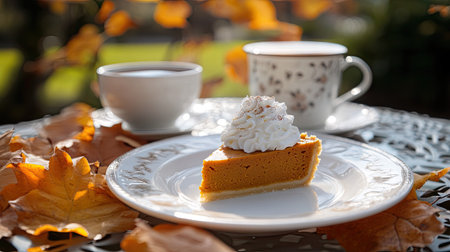 A slice of pumpkin pie with whipped cream on a dessert plate, ready to be served with a cup of coffee, creating a cozy and inviting scene.の素材