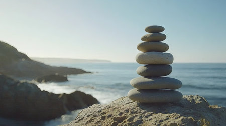 A stack of stones on a peaceful coastal rock, with the sea softly shimmering in the background, embodying balance, patience, and mindfulness.の素材