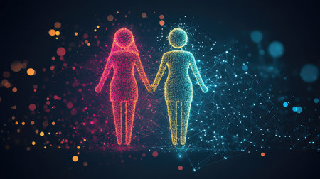 Male and female symbols connected by a glowing line, standing against a digital background, representing the evolution of gender roles in modern society.の素材
