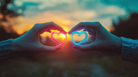 Hands holding intertwined male and female symbols in front of a sunset, symbolizing love, unity, and balance in gender relationships.の素材