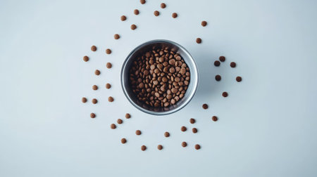 A stainless steel bowl of dog food kibble, surrounded by a scattering of loose kibble, isolated on a white background for a simple, focused look.の素材