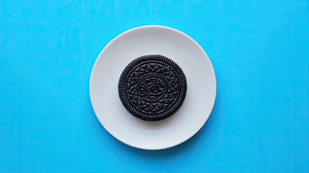 Oreo cookies placed neatly in a circle on a white plate, with one cookie standing out in the center, showcasing the iconic snack.の素材