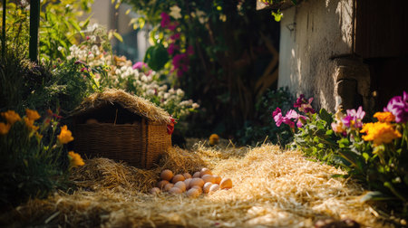 A small, well-kept chicken coop in a flower-filled backyard, with hens laying eggs in the straw, representing home-based sustainability.の素材