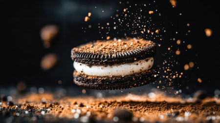 Close-up of an Oreo cookie sandwich with crumbs around it, emphasizing the crunchy texture and creamy filling.の素材