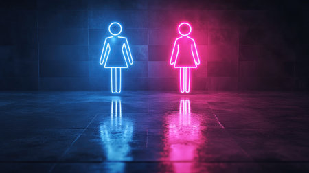 Male and female symbols glowing in neon lights over a dark, urban background, representing gender equality in modern, fast-paced society.の素材