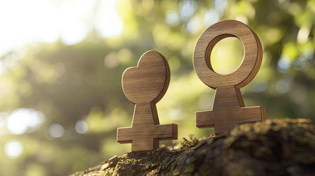 Male and female gender symbols made of natural wood, set against a nature background, symbolizing eco-friendly equality and gender balance.の素材