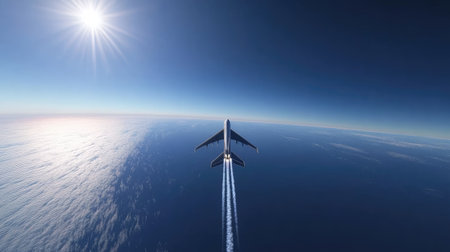 An airplane cruising at high altitude in a bright, cloudless sky, with its engines leaving a faint white contrail behind.の素材