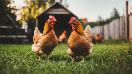 Free-range chickens roaming around a quaint backyard, with a simple coop in the background, representing organic, home-raised poultry farming.の素材