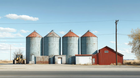 An industrial facility featuring a series of large metal silos attached to a warehouse, with a well-maintained yard and equipment.の素材