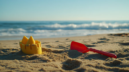 A close-up of a red shovel and a yellow sandcastle mold lying on beach sand, with the ocean horizon and soft waves in the background.の素材