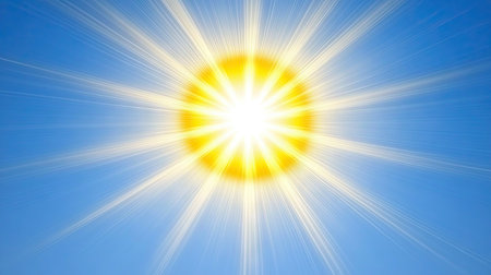 A brilliant sun shining against a perfectly blue sky with no clouds, representing energy, clarity, and optimism, perfect for weather or summer themes.の素材