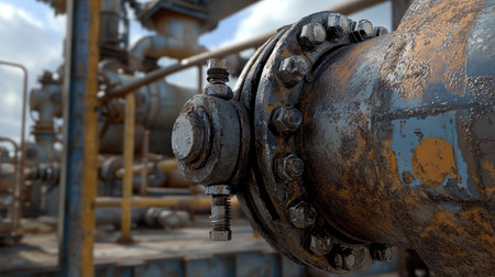 A close-up of a metal gas pipeline joint, with detailed bolts and connections visible, set against a backdrop of industrial equipment and structures.の素材