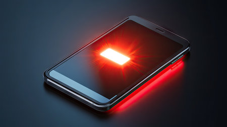 A close-up of a smartphone showing a critical emergency warning alert, with the bright red screen lighting up the surrounding area.の素材