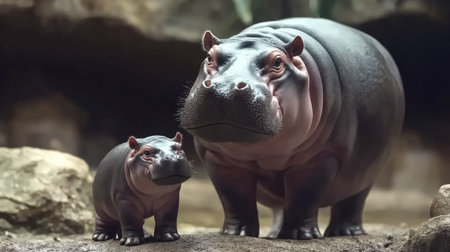 A baby pygmy hippopotamus standing next to its mother in a zoo enclosure, highlighting the size difference and their cute, wrinkled skin.の素材