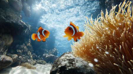 A bright orange clownfish surrounded by the swaying tentacles of a sea anemone in clear blue water, with sunlight softly filtering down.の素材