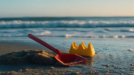 A close-up of a red shovel and a yellow sandcastle mold lying on beach sand, with the ocean horizon and soft waves in the background.の素材