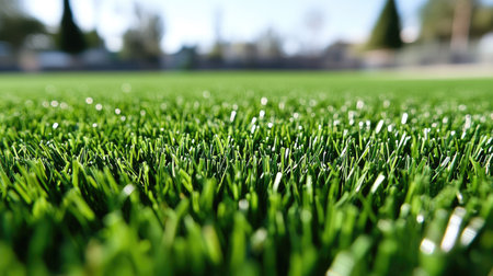 A close-up shot of a tennis ball resting on bright green grass, the fibers of the ball contrasting with the neat blades of grass under a clear sky.の素材
