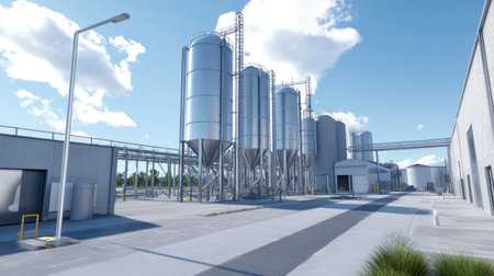 A clean and well-organized silo warehouse complex with tall metal silos and wide paved areas for transport and loading.の素材