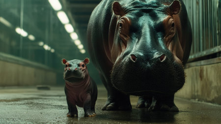 A baby pygmy hippopotamus standing next to its mother in a zoo enclosure, highlighting the size difference and their cute, wrinkled skin.の素材