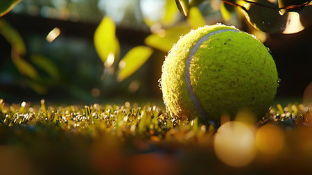 A close-up of a tennis ball on grass, with the intricate details of the ball's surface and the grass blades in clear focus under soft sunlight.の素材