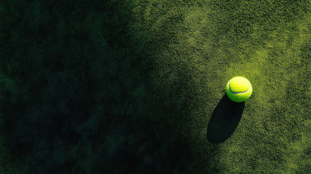 A bright yellow tennis ball resting on a perfectly manicured grass court, with the lush green surface highlighting the ball's vibrant color.の素材